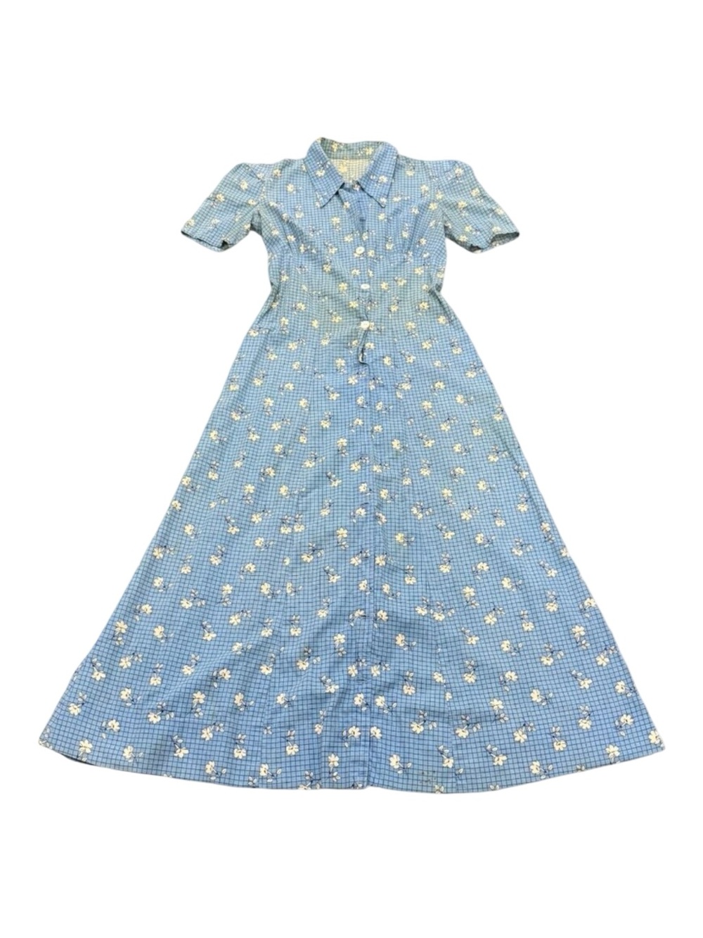Vintage 1960s Blue Checkered Floral Cotton Maxi Dress Button Front